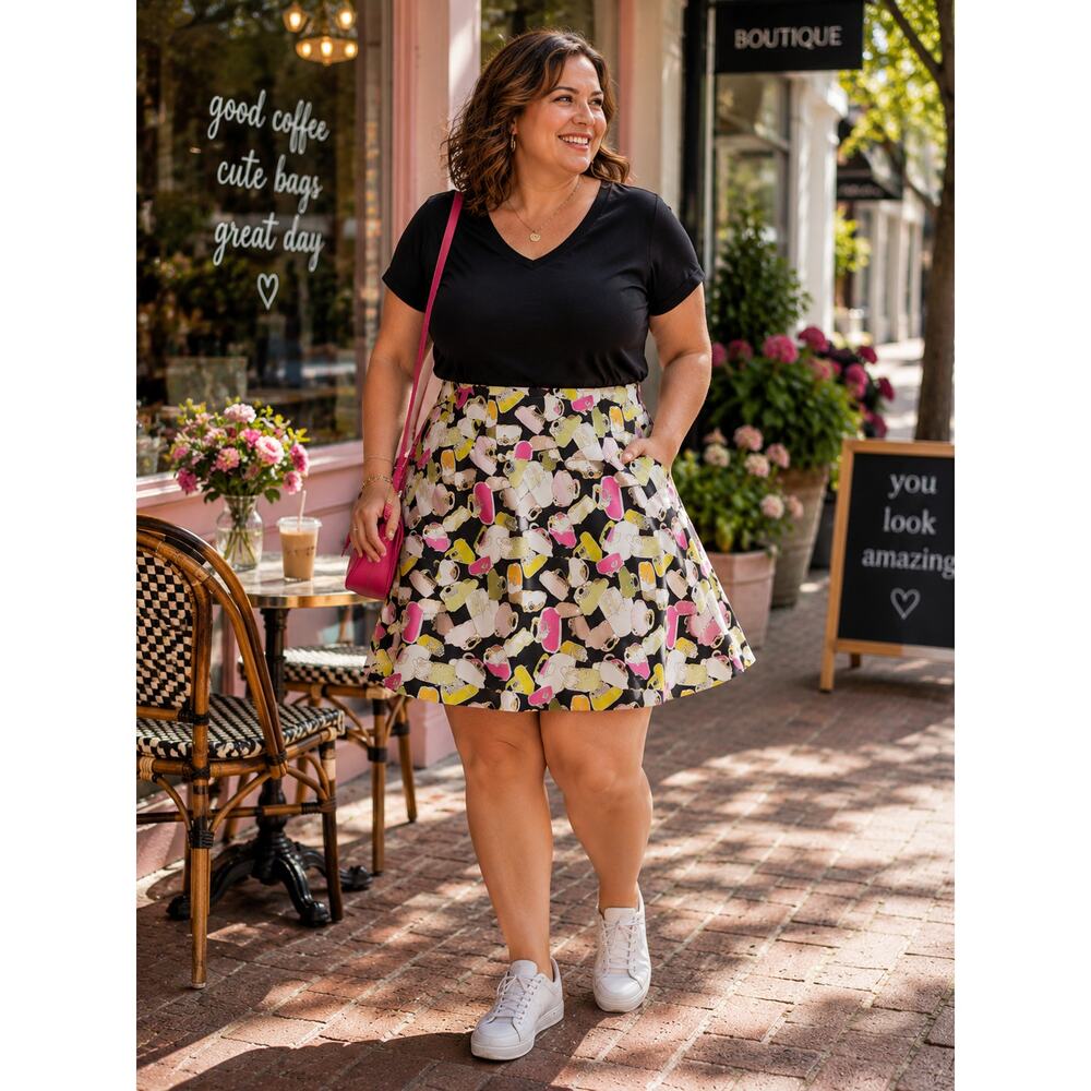 Liz Claiborne Novelty Purse Print Skirt White Pink Fit Flare 14W Artsy Colorful